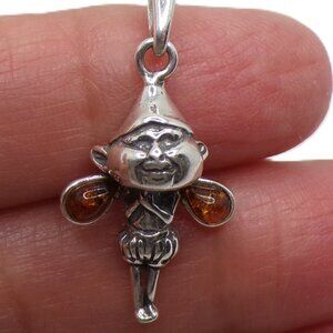 925 Sterling Silver and Genuine Baltic Amber Pixie Elf Pendant Charm New